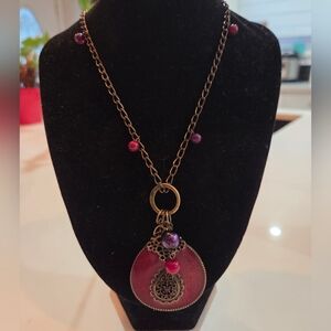Long Boho Medallion Necklace with Enamel Pendant & Beaded Chain